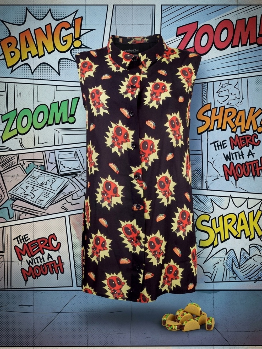 Last One 🌸 NWOT Marvel Women's/Junior Deadpool Bam Dress-Up Sleeveless Shirt M